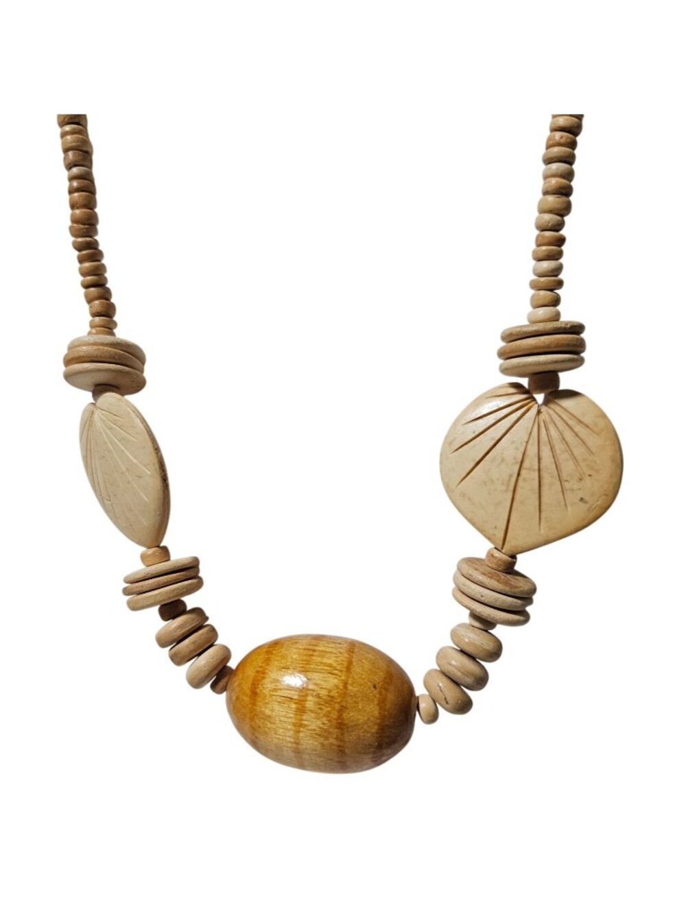 Natural Wood Bead Necklace Carved Leaf Coconut Shell Chunky Boho Artsy Statement